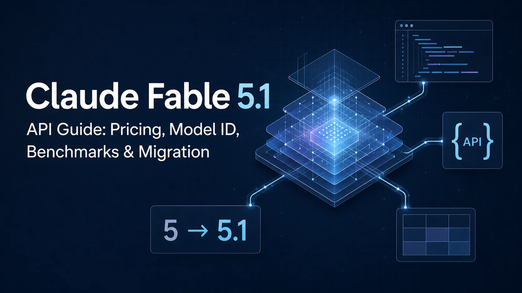 Claude Fable 5.1 API guide cover with a layered AI core connected to code, API, pricing, and migration symbols