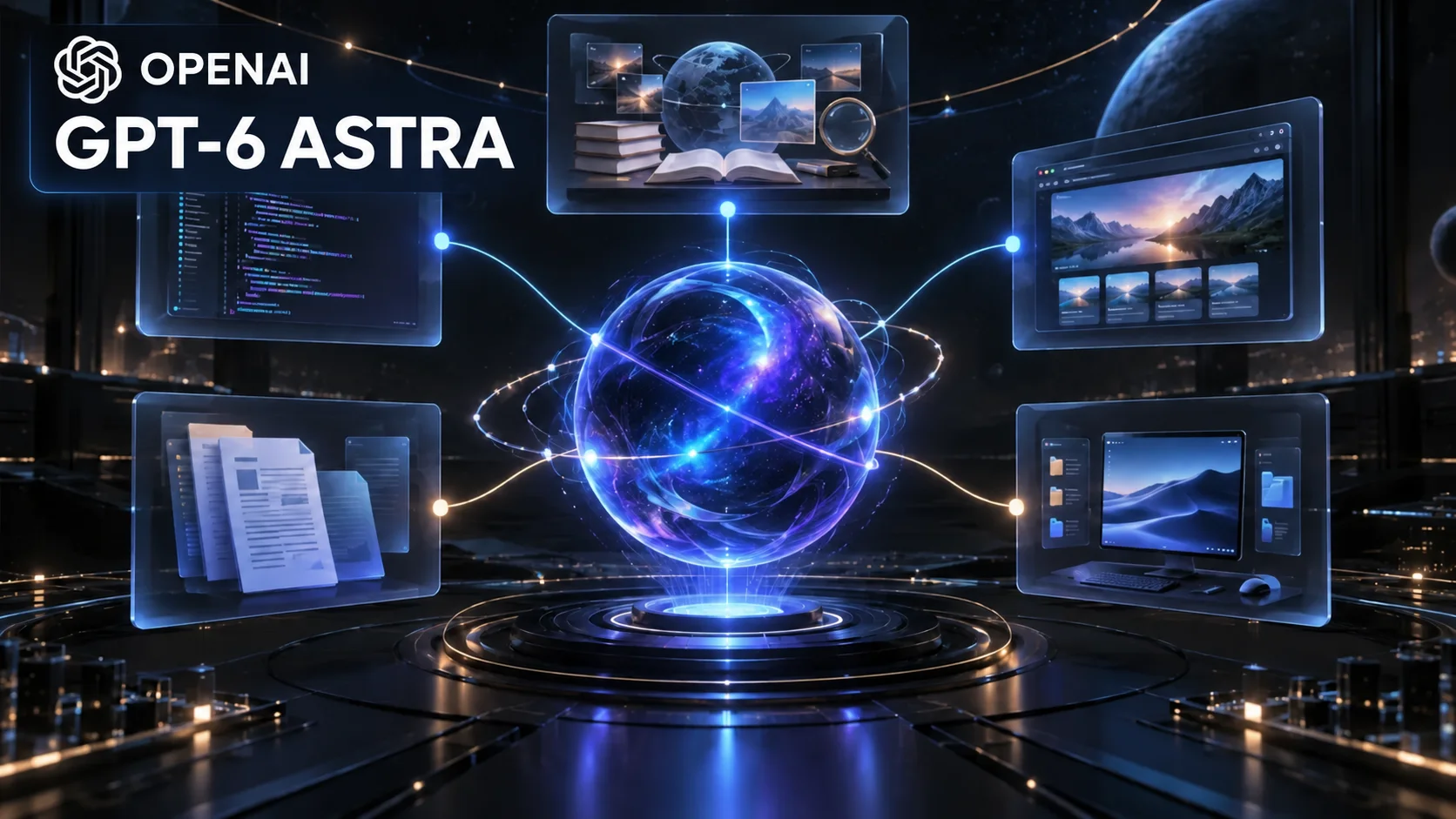 OpenAI GPT-6 Astra cover showing an AI core coordinating code, research, browser, document, and computer workflows